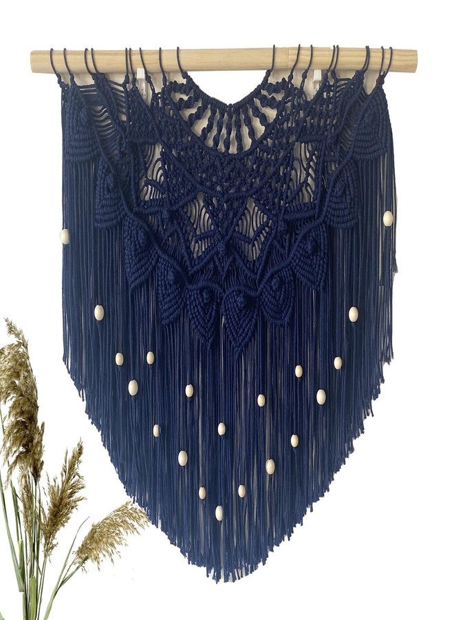 Youngeast Large Macrame Wall Hanging Boho Beaded Curtain for Window Macrame Bedroom Headboard Living Room Wall Art Tassel Tapestry Bohemian Woven Wall Decor 31" W X 25" H (Navy) - Image 1