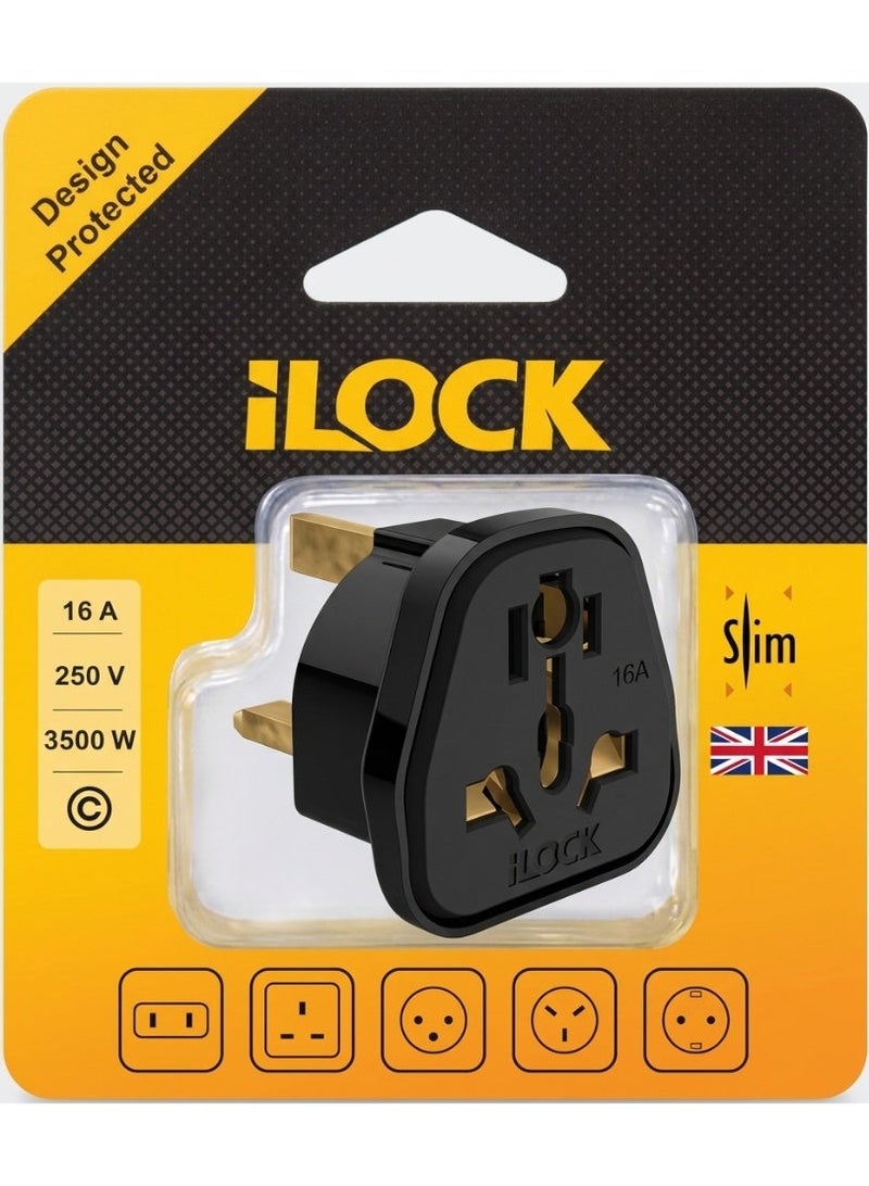 iLOCK I Lock Multi-Plug Travel Adapter to 2-Pin EU Plug, 16A, 250V, Up to 3500W, Black - Image 1