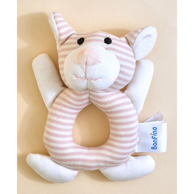 Bonfino Cat Soft Rattle for Babies 0-24 Months, Pink - Motor Skill Development, Easy to Grasp, Safe Materials - L 13 x H 18 cm - Image 1