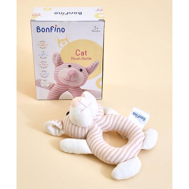 Bonfino Cat Soft Rattle for Babies 0-24 Months, Pink - Motor Skill Development, Easy to Grasp, Safe Materials - L 13 x H 18 cm - Image 2