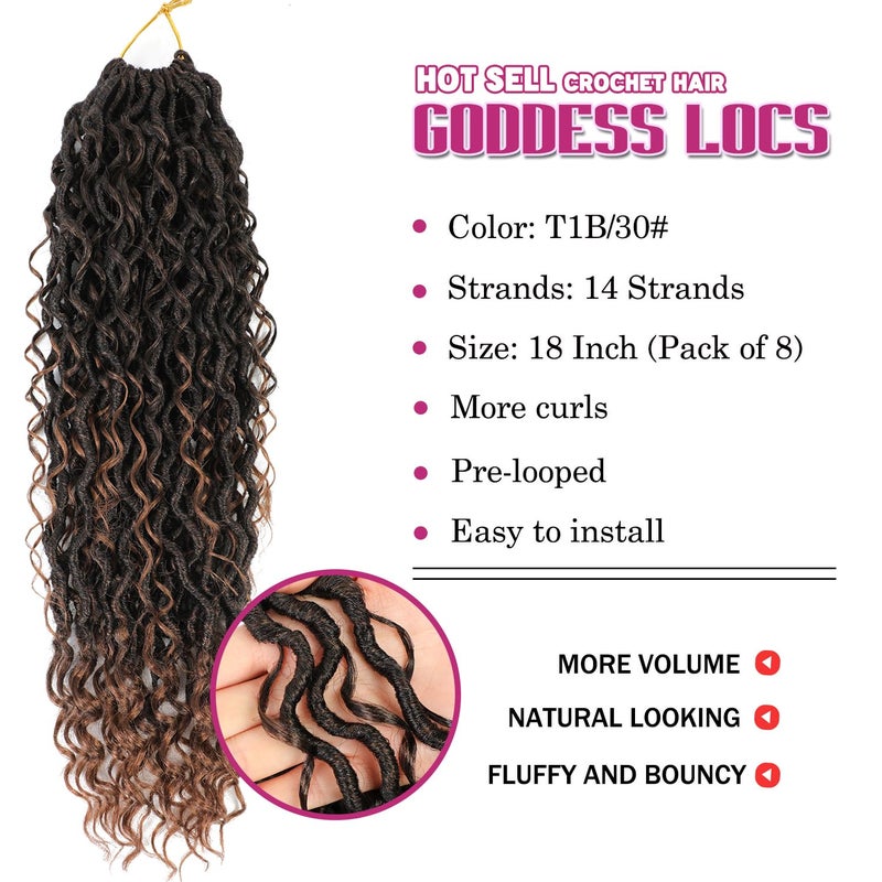 SAMBRAID 8 Packs Goddess Faux Locs Crochet Hair for Black Women, Goddess Locs Crochet Hair, Boho Style Locs, River Hair with Curly Ends (18Inch, T30#, 8Packs) - Image 2