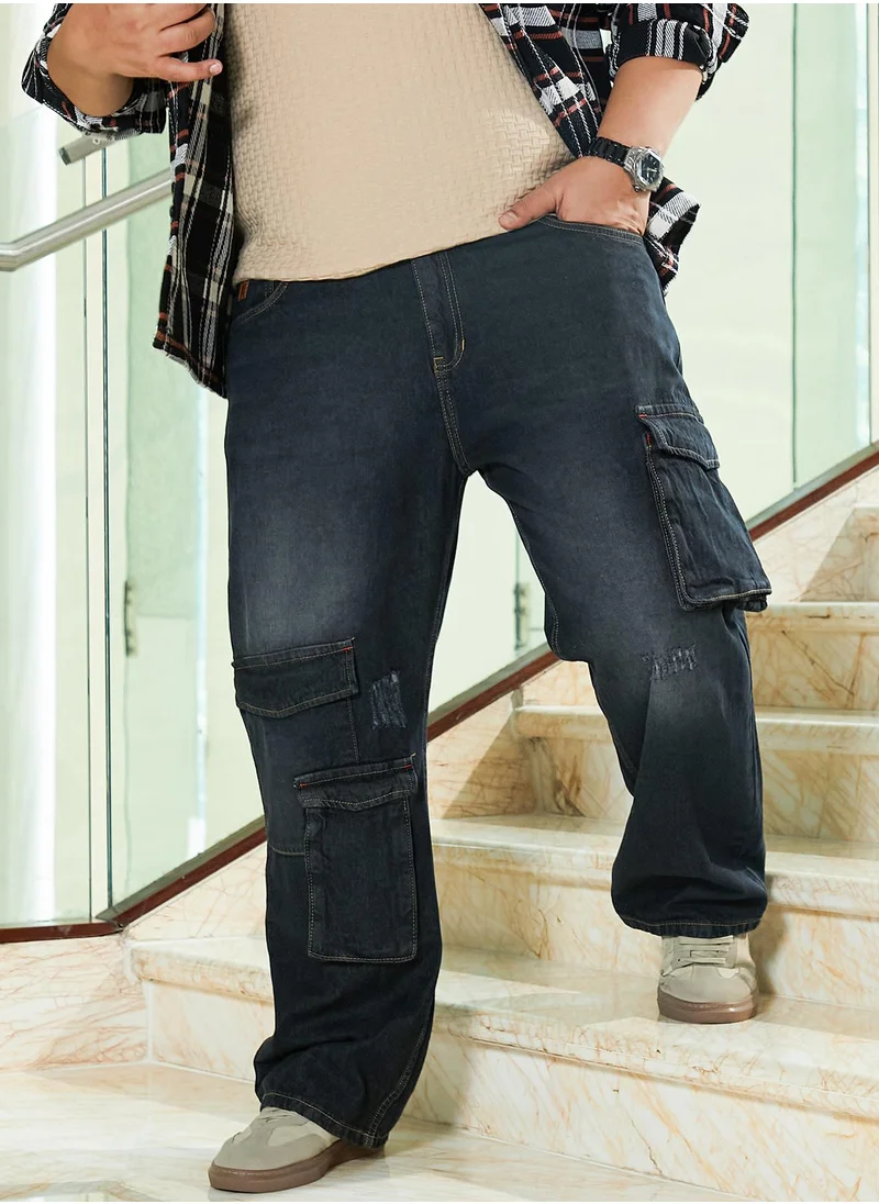 انستافاب بلس Instafab Plus Men's Charcoal Black Washed Straight-Leg Denim Jeans For Casual Wear | Mid-Rise | Straight Fit | Button Closure | Plus Size Denim Jeans Crafted With Comfort Fit For Everyday Wear