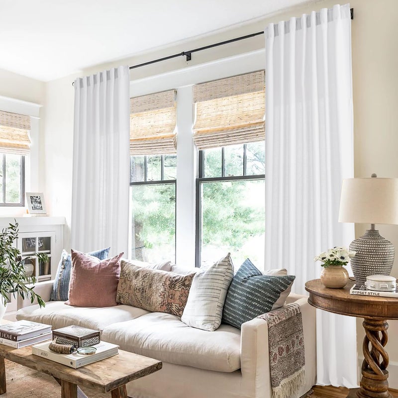 PANELSBURG White Linen Curtains 90 Inches Long for Bedroom Pleated Back Tab White Semi Sheer Curtains 90 Inch Length 2 Panels Set for Modern Farmhouse Living Room Cortinas Para Sala Blancas Hooks Belt - Image 1