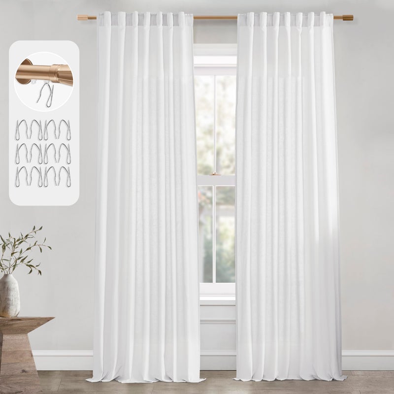 PANELSBURG White Linen Curtains 90 Inches Long for Bedroom Pleated Back Tab White Semi Sheer Curtains 90 Inch Length 2 Panels Set for Modern Farmhouse Living Room Cortinas Para Sala Blancas Hooks Belt - Image 2
