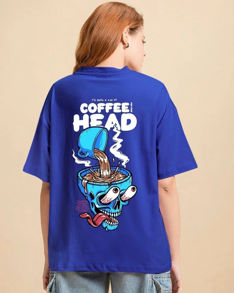 bewakoof Women's Blue Coffee Graphic Printed Oversized T-shirt
