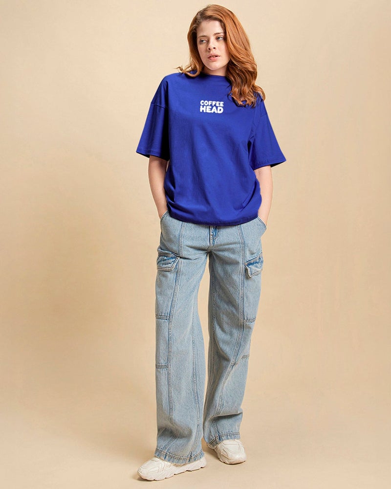 بيواكوف تيشيرت نسائي أزرق بطبعة قهوة جرافيك بقصة واسعة - Image 5