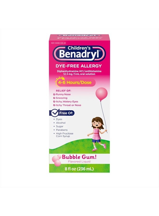 Benadryl دواء سائل خالي من الأصباغ والسكر لتخفيف الحساسية للأطفال مع ديفينهيدرامين HCl، دواء مضاد للهستامين للأطفال، خالي من الأصباغ، خالي من الكحول، بنكهة العلكة، 8 أونصة سائلة - Image 1