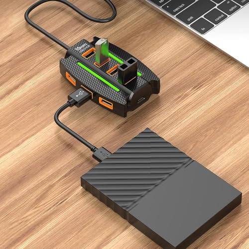 SPIN CART 10-Port USB 2.0 Hub with RGB Lighting, High-Speed Multi Hub Splitter, 1.2m Cable, Power Adapter, Carbon Fiber Pattern Design for Desktop, Laptop - Image 5