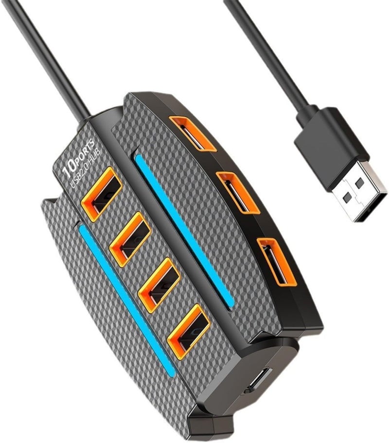 SPIN CART 10-Port USB 2.0 Hub with RGB Lighting, High-Speed Multi Hub Splitter, 1.2m Cable, Power Adapter, Carbon Fiber Pattern Design for Desktop, Laptop - Image 1