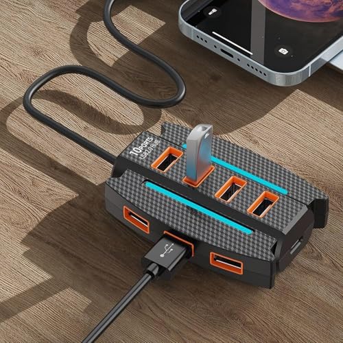 SPIN CART 10-Port USB 2.0 Hub with RGB Lighting, High-Speed Multi Hub Splitter, 1.2m Cable, Power Adapter, Carbon Fiber Pattern Design for Desktop, Laptop - Image 4