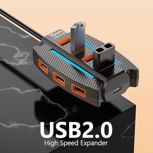 SPIN CART 10-Port USB 2.0 Hub with RGB Lighting, High-Speed Multi Hub Splitter, 1.2m Cable, Power Adapter, Carbon Fiber Pattern Design for Desktop, Laptop - Image 3