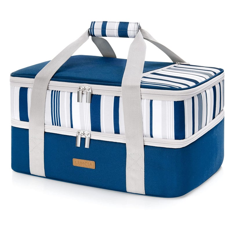 Luncia Lunch Bag Double Decker Insulated Casserole Carrier For Hot Or Cold Food, Lasagna Holder Tote For Potluck Parties/Picnic/Cookouts, Fits 9""X13"" Baking Dish, Blue - Image 1