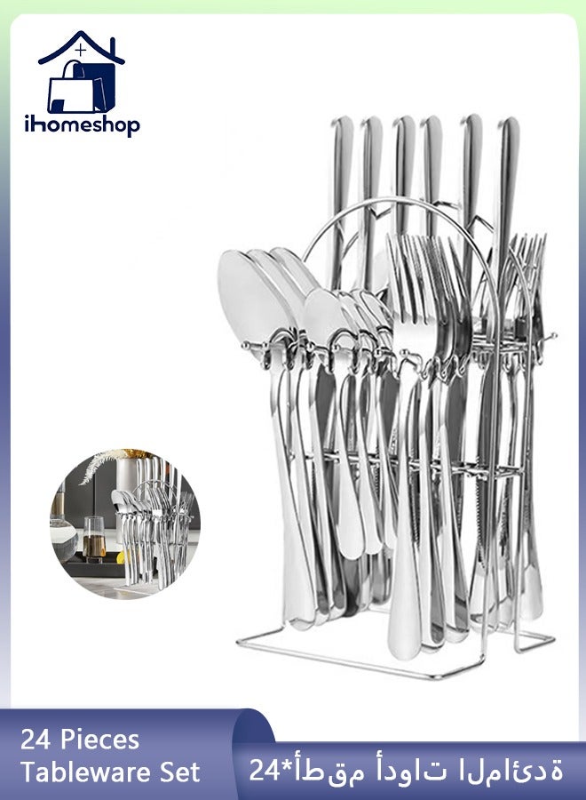 آي هوم شوب طقم أدوات مائدة مكون من 24 قطعة، أدوات مائدة من الفولاذ المقاوم للصدأ مع حامل يحتوي على سكين عشاء*6+ ملعقة عشاء*6+ شوكة عشاء*6+ ملعقة حلوى*6، أدوات مائدة فضية، طقم أدوات مائدة - Image 1