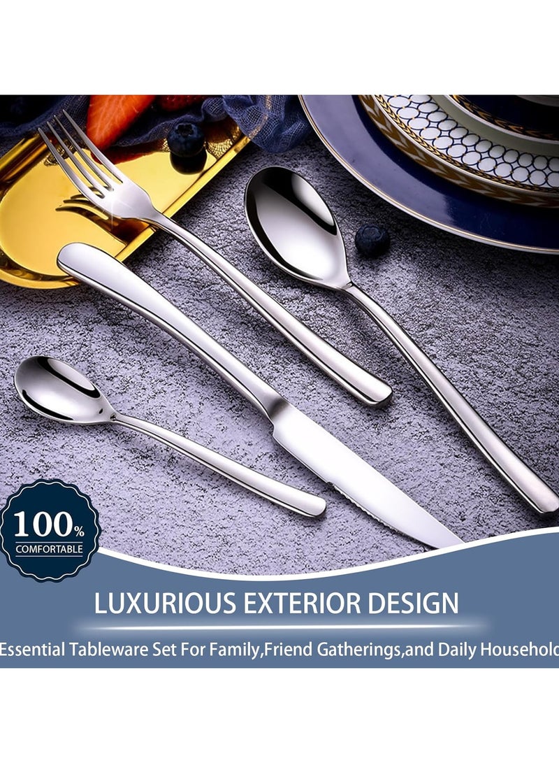 آي هوم شوب طقم أدوات مائدة مكون من 24 قطعة، أدوات مائدة من الفولاذ المقاوم للصدأ مع حامل يحتوي على سكين عشاء*6+ ملعقة عشاء*6+ شوكة عشاء*6+ ملعقة حلوى*6، أدوات مائدة فضية، طقم أدوات مائدة - Image 2