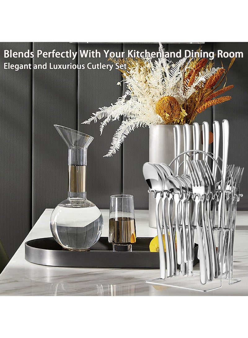 آي هوم شوب طقم أدوات مائدة مكون من 24 قطعة، أدوات مائدة من الفولاذ المقاوم للصدأ مع حامل يحتوي على سكين عشاء*6+ ملعقة عشاء*6+ شوكة عشاء*6+ ملعقة حلوى*6، أدوات مائدة فضية، طقم أدوات مائدة - Image 3