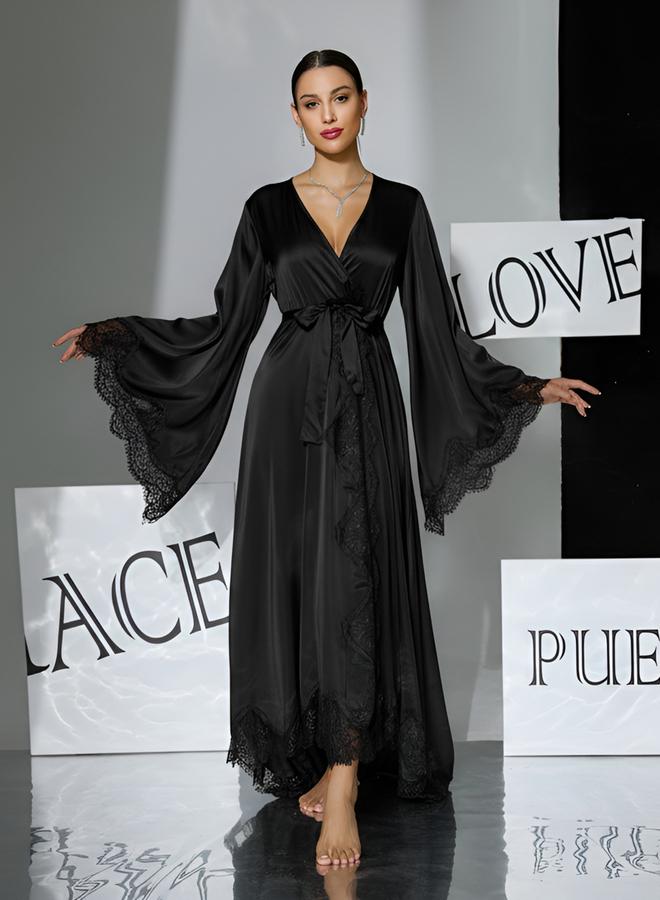 Take Two Black Lace Trim Long Sleeve Robe - Image 4