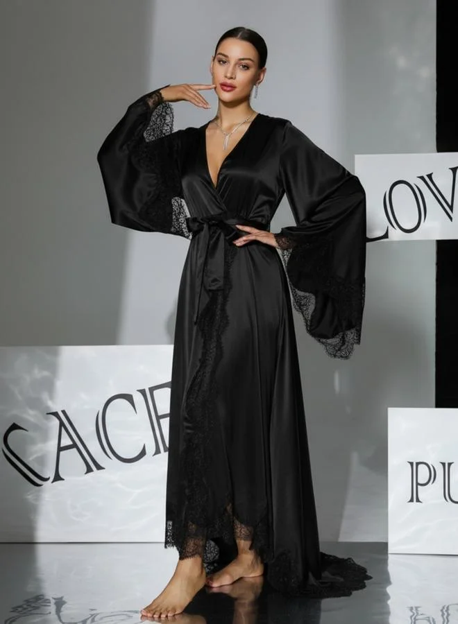 Take Two Black Lace Trim Long Sleeve Robe