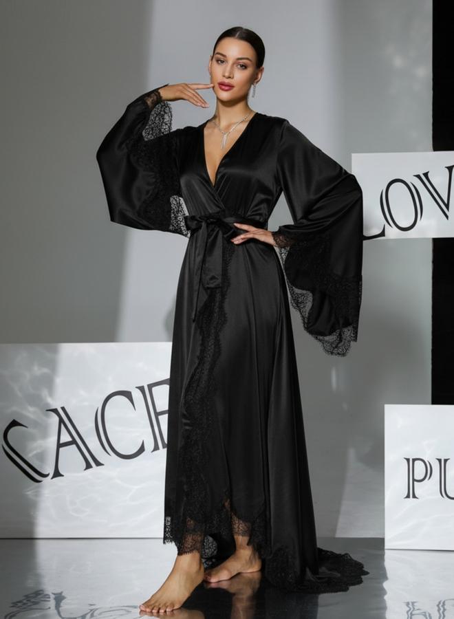 Take Two Black Lace Trim Long Sleeve Robe - Image 2