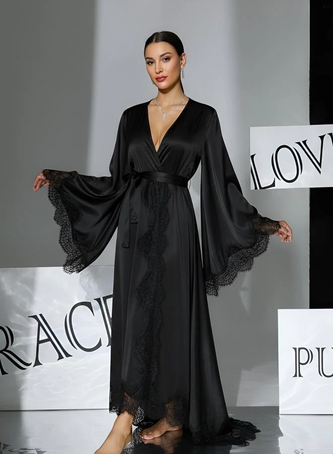 Take Two Black Lace Trim Long Sleeve Robe