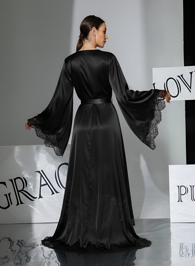 Take Two Black Lace Trim Long Sleeve Robe - Image 3