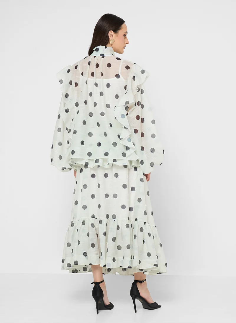 خزانة Polka Print Tie Up Top & Skirt Set
