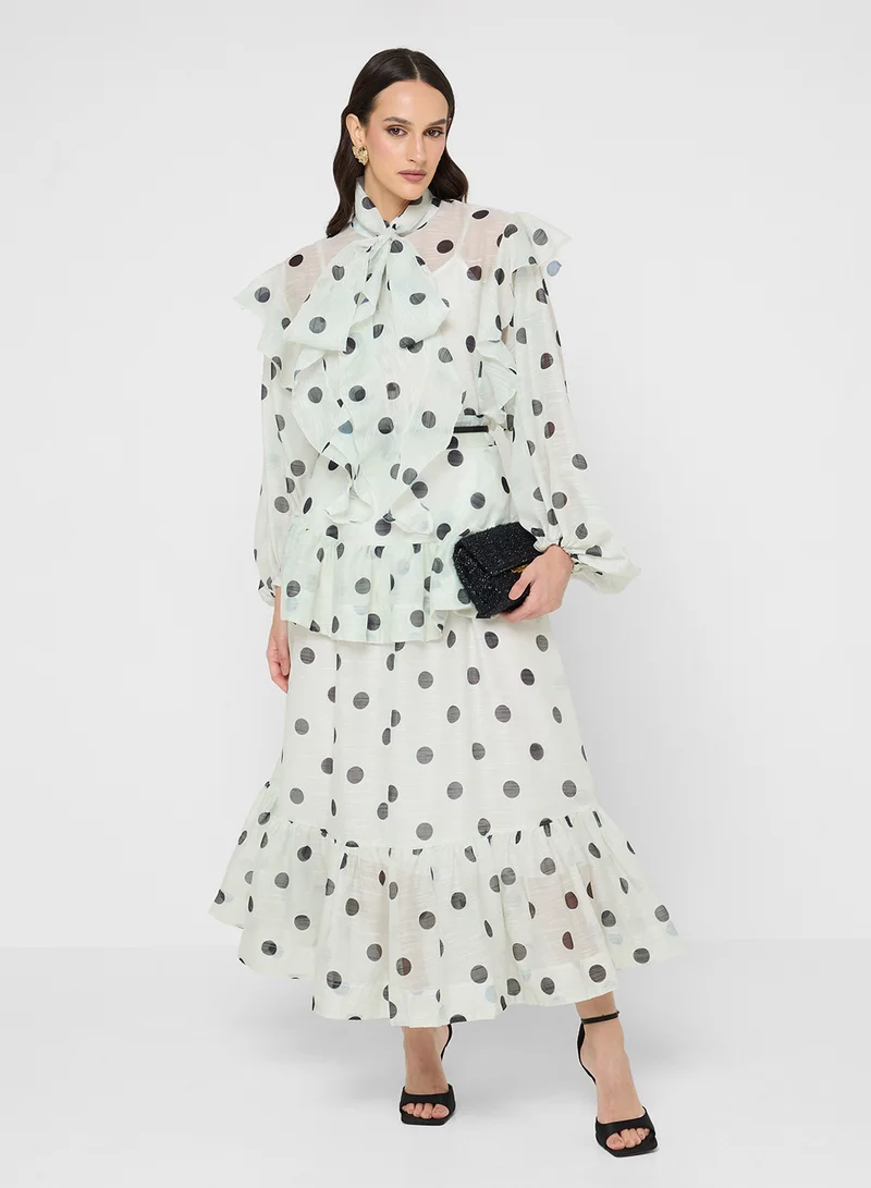 خزانة Polka Print Tie Up Top & Skirt Set