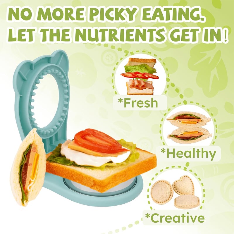LEPCY صانع السندويشات غير القشرية، قاطع السندويشات بدون قشرة، صانع السندويشات PB&J غير القشرية - شكل مربع أخضر + شكل دائري أزرق - Image 3