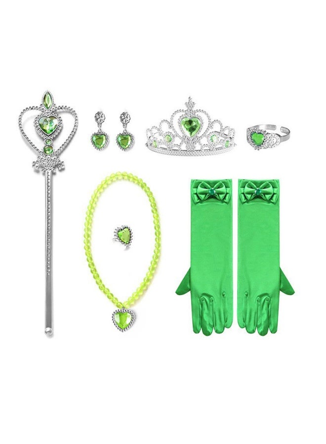 Princess Love Necklace Set for Girls, Princess Jewelry, Children's Heart-Shaped Diamond Crown Magic Wand F17 Green Set