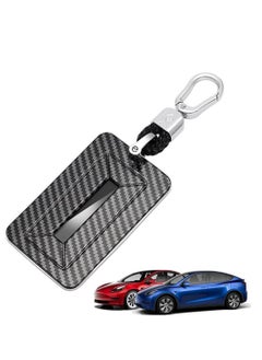 SYOSI حافظة حامل بطاقة المفاتيح، متوافقة مع ملحقات Tesla Model 3 Model Y 2017-2023، غطاء حماية المفاتيح، سطح ألياف الكربون مع سلسلة مفاتيح من سبائك الزنك وحبل نايلون مضفر كهدية (أسود)  - Image 1