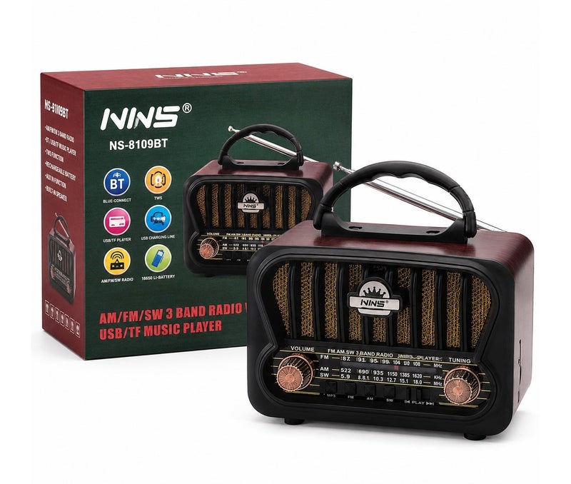 NWS Retro Portable Bluetooth Speaker & AM/FM/SW 3-Band Radio with USB/TF Player, Wood Finish - Image 1