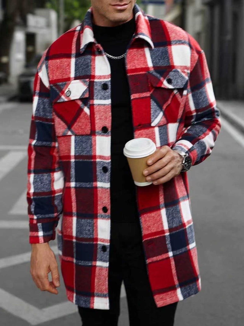 Men's Long Trench Coat with Button Front and Flap Pockets - Casual Plaid Windbreaker Jacket