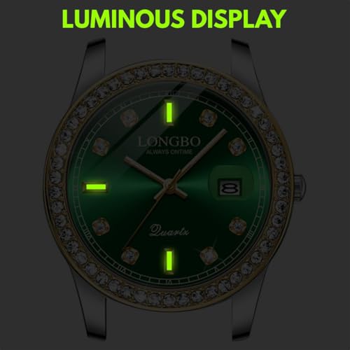 LONGBO Harmony Analogue Couple Watch Set - Elegant Dual Tone Band Rhinestone Studded Case, Stainless Steel Band | Marriage Gift Set for Men and Women (Silver-Gold-Green) - Image 5