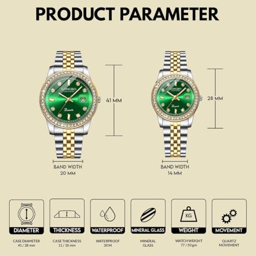 LONGBO Harmony Analogue Couple Watch Set - Elegant Dual Tone Band Rhinestone Studded Case, Stainless Steel Band | Marriage Gift Set for Men and Women (Silver-Gold-Green) - Image 4