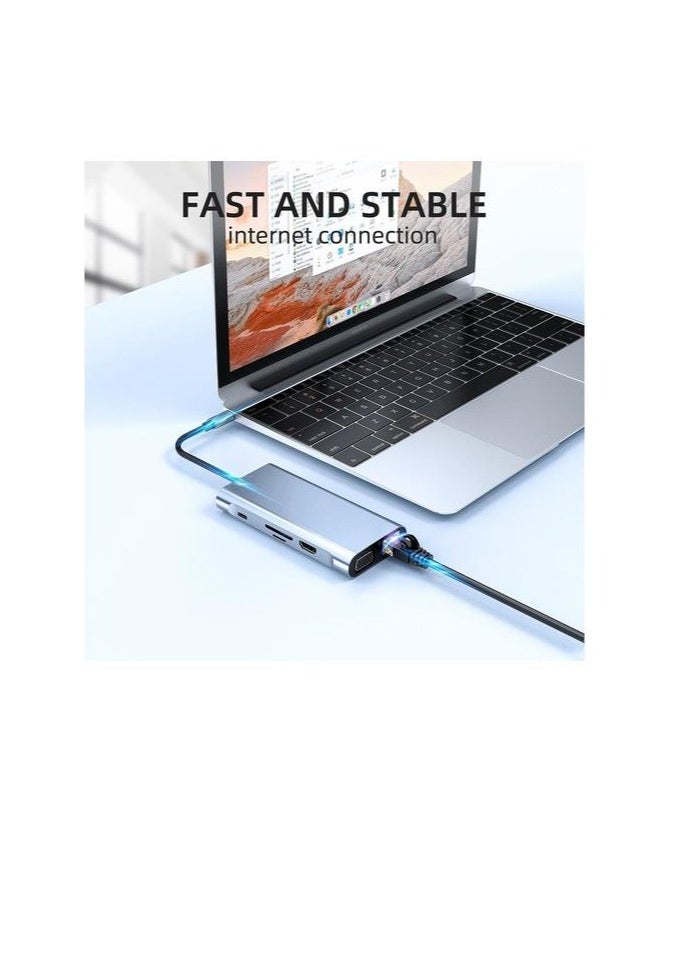 Zero - Type-C Hub 10 in 1 USB C to 4K HDMI + RJ45 + PD 100W Charge + USB3.0 + VGA + SD/TF Card Reader Dock for MacBook Windows Laptop - Image 1