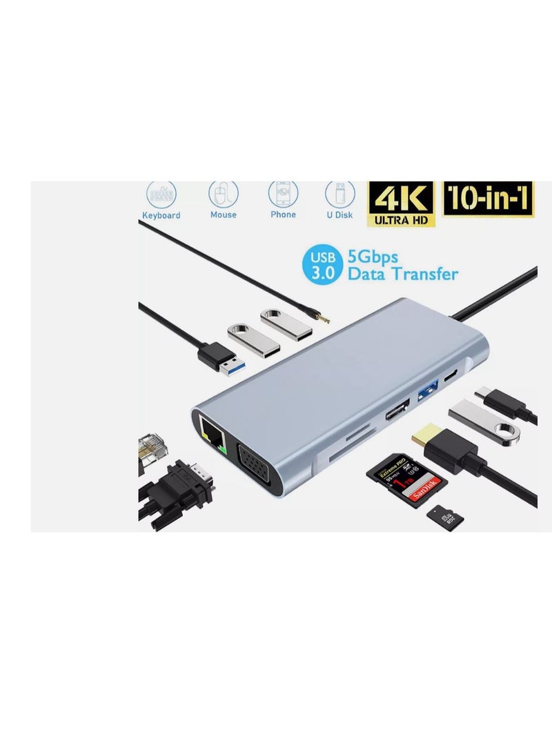 Zero - Type-C Hub 10 in 1 USB C to 4K HDMI + RJ45 + PD 100W Charge + USB3.0 + VGA + SD/TF Card Reader Dock for MacBook Windows Laptop - Image 1