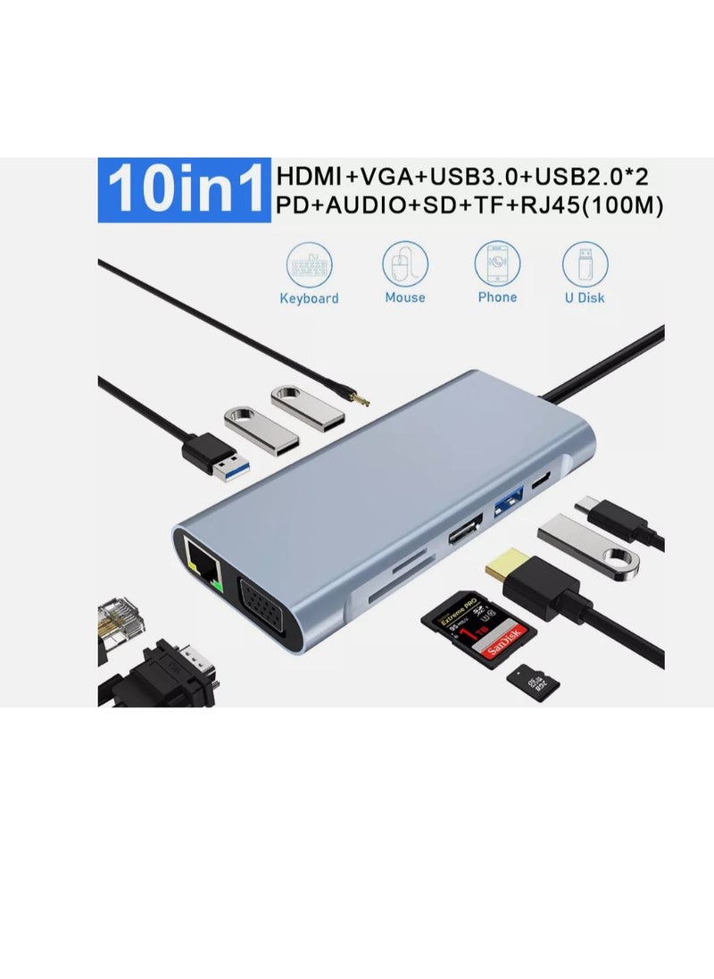 Zero - Type-C Hub 10 in 1 USB C to 4K HDMI + RJ45 + PD 100W Charge + USB3.0 + VGA + SD/TF Card Reader Dock for MacBook Windows Laptop - Image 1