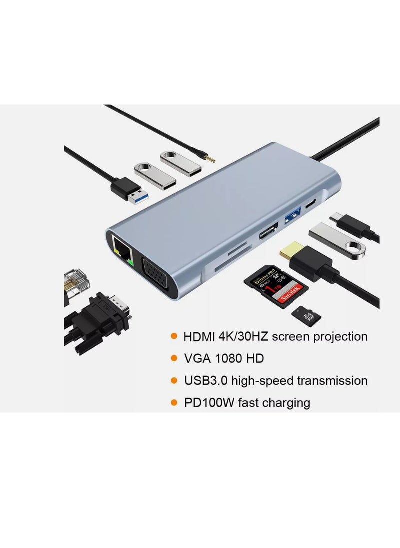 Zero - Type-C Hub 10 in 1 USB C to 4K HDMI + RJ45 + PD 100W Charge + USB3.0 + VGA + SD/TF Card Reader Dock for MacBook Windows Laptop - Image 1