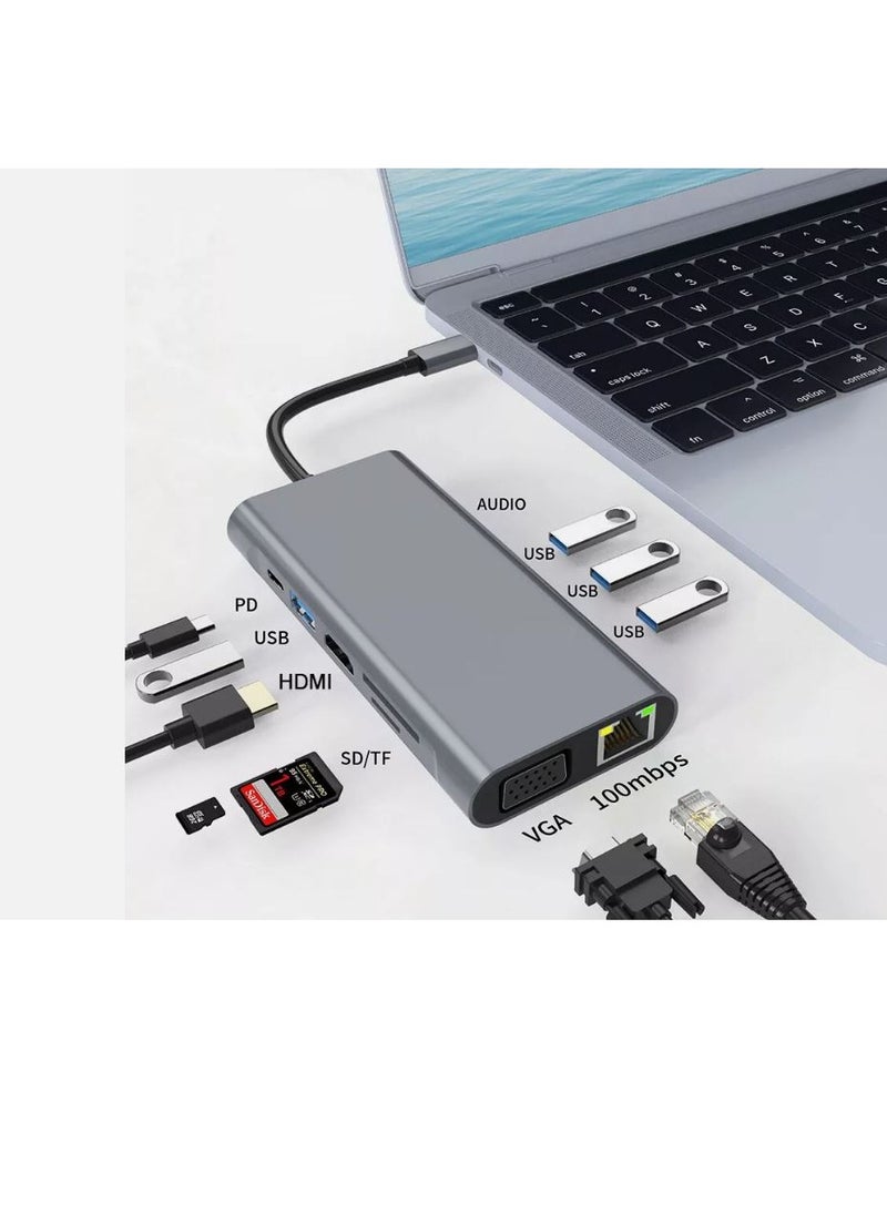 Zero - Type-C Hub 10 in 1 USB C to 4K HDMI + RJ45 + PD 100W Charge + USB3.0 + VGA + SD/TF Card Reader Dock for MacBook Windows Laptop - Image 1