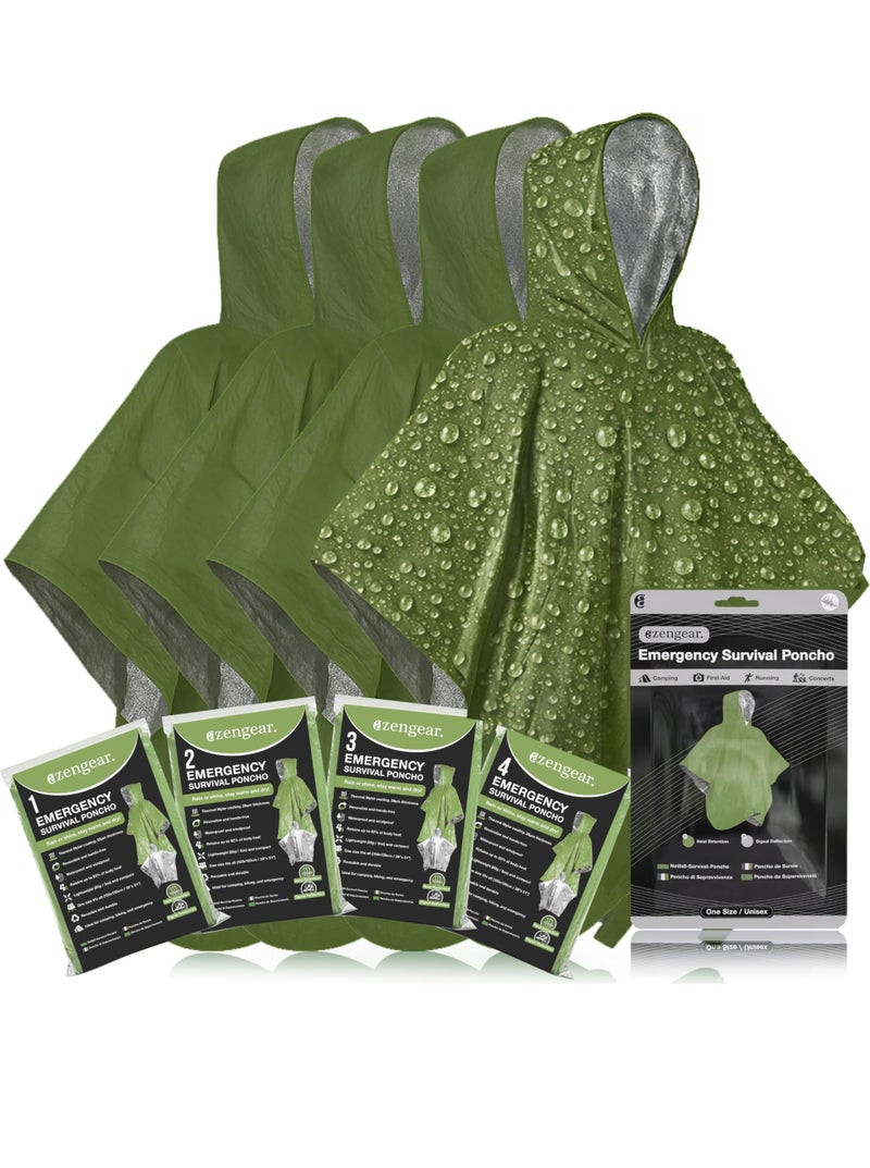 aZengear Emergency Survival Poncho (4pc) Thermal Mylar Foil Blanket for Heat Retention and Rain | Reversible with Hood | Waterproof, Windproof, Portable, Hands-Free, Outdoor Kit (Green) - Image 1