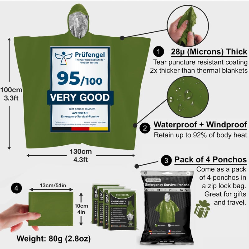 aZengear Emergency Survival Poncho (4pc) Thermal Mylar Foil Blanket for Heat Retention and Rain | Reversible with Hood | Waterproof, Windproof, Portable, Hands-Free, Outdoor Kit (Green) - Image 2