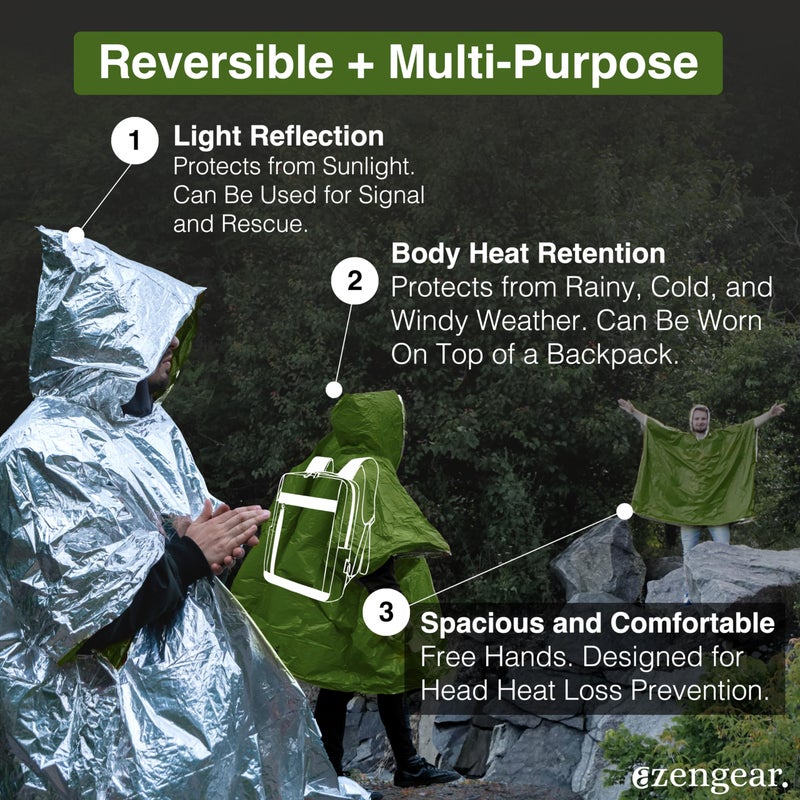 aZengear Emergency Survival Poncho (4pc) Thermal Mylar Foil Blanket for Heat Retention and Rain | Reversible with Hood | Waterproof, Windproof, Portable, Hands-Free, Outdoor Kit (Green) - Image 3