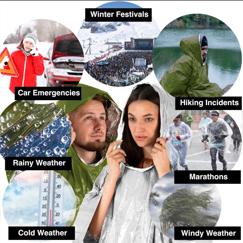 aZengear Emergency Survival Poncho (4pc) Thermal Mylar Foil Blanket for Heat Retention and Rain | Reversible with Hood | Waterproof, Windproof, Portable, Hands-Free, Outdoor Kit (Green) - Image 5