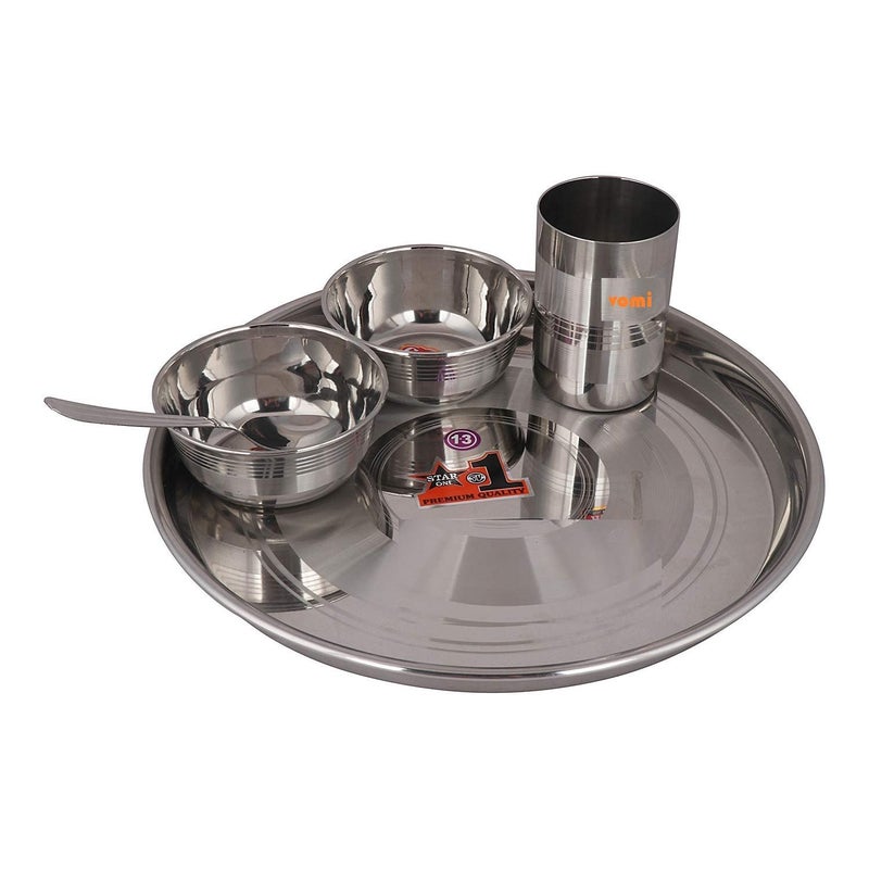 VOMI Dinner Set Steels Stainless Steel 2 Veg Bowl Vati Katori Serving Dish Set 1 Bhojan Thali 1 Plate 1 Spoon and 1 Glass Set 5 Pcs - Image 1