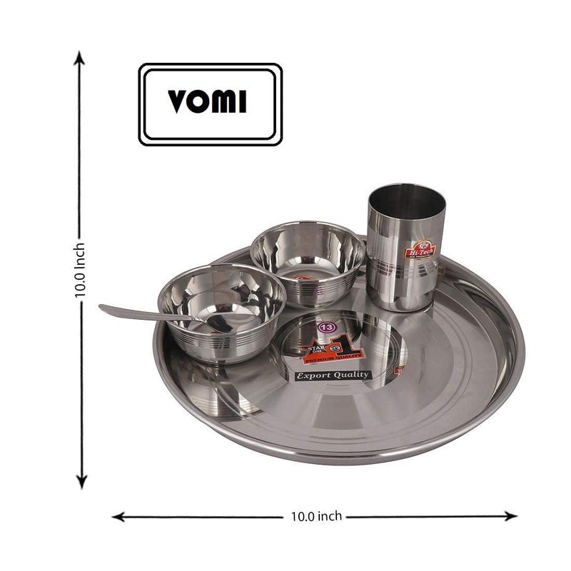 VOMI Dinner Set Steels Stainless Steel 2 Veg Bowl Vati Katori Serving Dish Set 1 Bhojan Thali 1 Plate 1 Spoon and 1 Glass Set 5 Pcs - Image 2