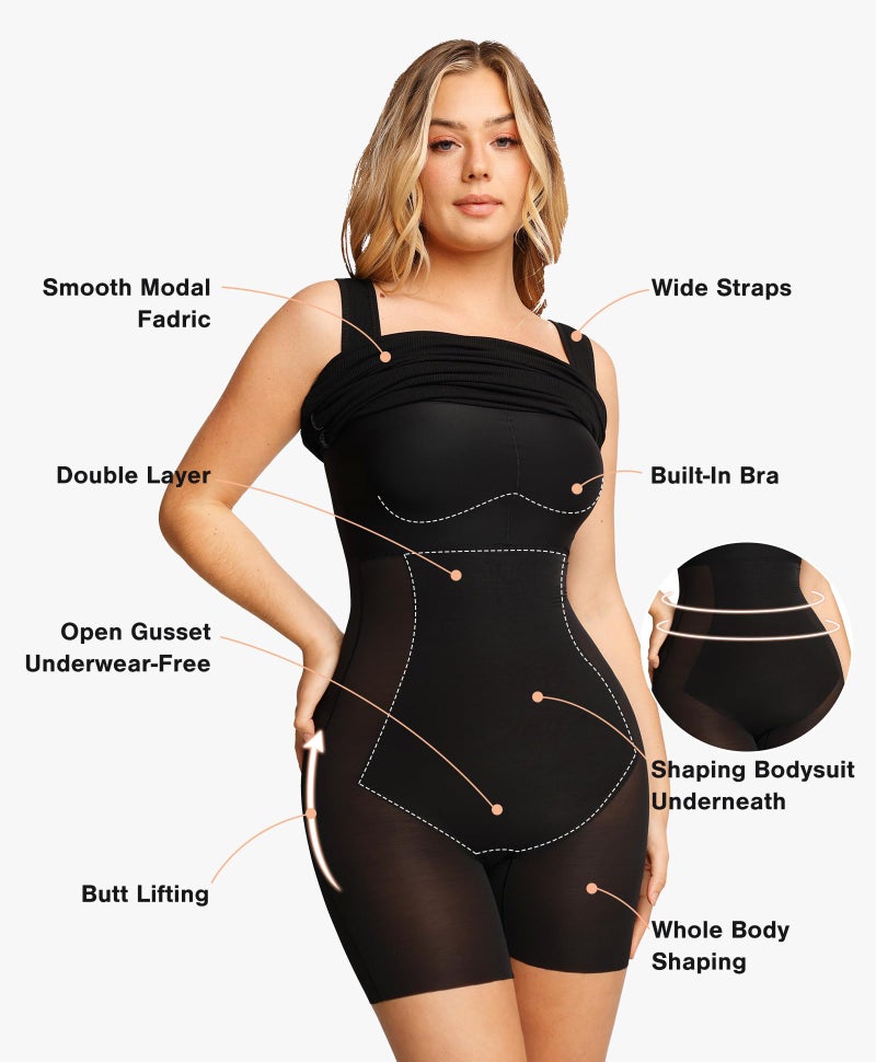 Popilush Cocktail Dresses for Women Built in Shapewear Bra 8 in 1 Square Neck Mini Slit Bodycon Summer Dress Black - Image 3
