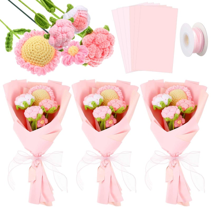 FineCheer 27 Pieces Crochet Bouquet Hand Knitted Bouquet Graduation Gifts Crochet Bouquet Kit Fake Sunflowers Roses Daisies Birthday Wedding Home Decoration Gift(Pink Series, Gorgeous) - Image 1