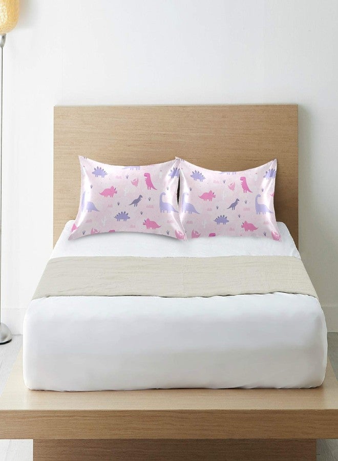 xigua Pink Cartoon Dinosaur Silky Satin Pillowcase, Luxury Soft Pillow Case for Hair and Skin, Standard Size Slip Cooling Pillow Covers with Envelope Closure, 20x26in - Image 5