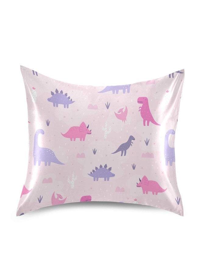 xigua Pink Cartoon Dinosaur Silky Satin Pillowcase, Luxury Soft Pillow Case for Hair and Skin, Standard Size Slip Cooling Pillow Covers with Envelope Closure, 20x26in - Image 1