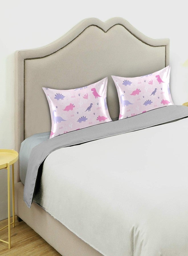 xigua Pink Cartoon Dinosaur Silky Satin Pillowcase, Luxury Soft Pillow Case for Hair and Skin, Standard Size Slip Cooling Pillow Covers with Envelope Closure, 20x26in - Image 2