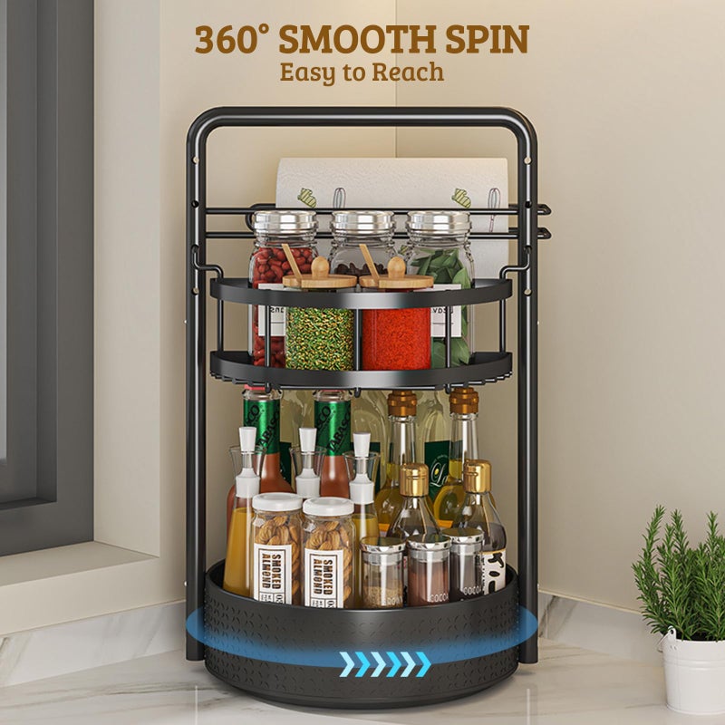CLOKTA Rotating Spice Rack with Paper Towel Holder, 2 Tier Turntable Lazy Susan, Seasoning Organizer for Kitchen Countertop Cabinet, Black - Image 3